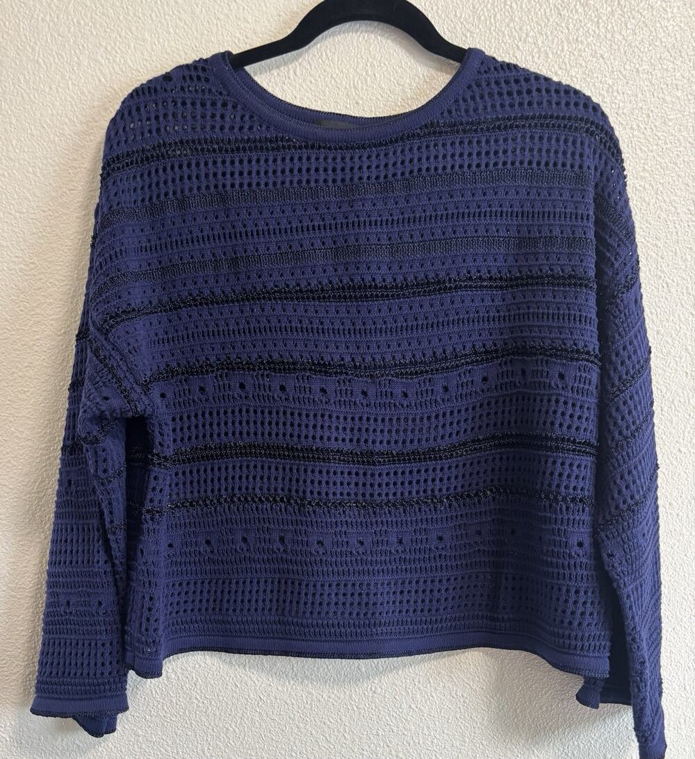 Pointelle Boat Neck Sweater Pullover Navy Festival Boho Hippie Ceny Women's Sz M